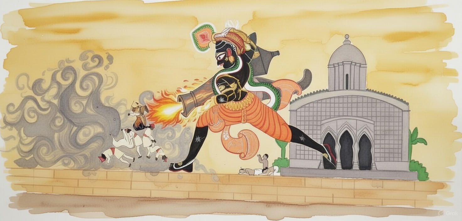 KRISHNA HIMSELF DEFEATING THE ATTACKERS WITH CANNON IN HIS HAND